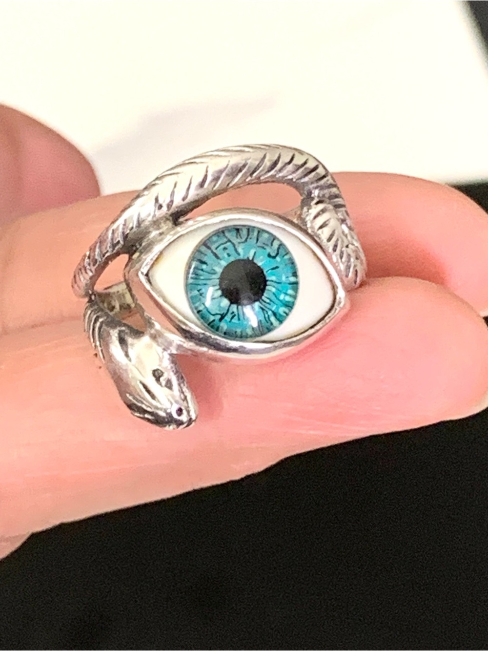 VTG 925 Sterling Silver Snake Eye Ring Blue Glass Eyeball Wrap Ring Sz 9 - 7g